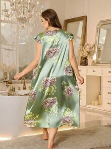 SHEIN Camisón largo elegante de satén con estampado, cuello en V, mangas con volantes de encaje y talla grande - Verde - Ver 3