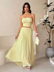 SHEIN Tall 两件套女士浪漫粉色网纱抹胸上衣和高腰褶皱网纱长裙，春夏度假装 - 黃色 - 查看 11