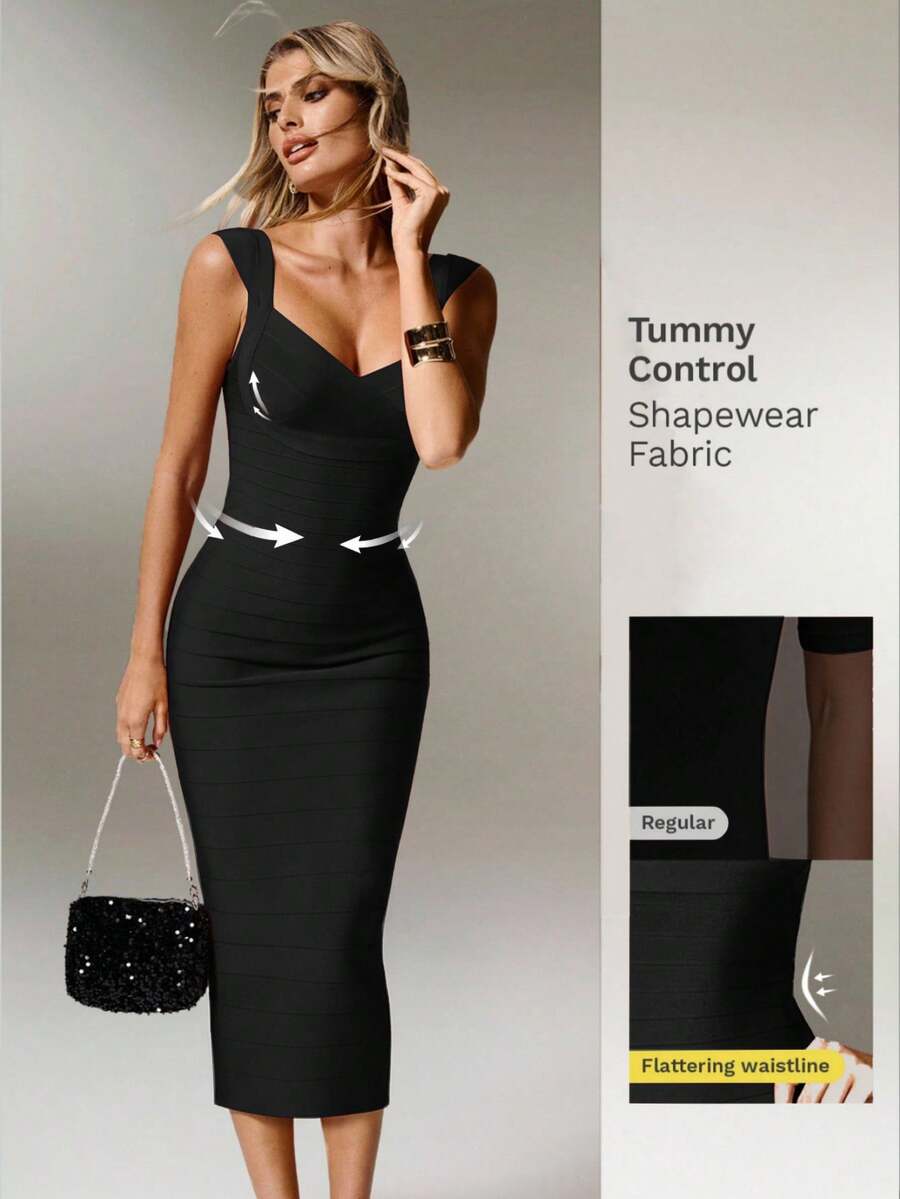 Nuvra Women's Fitted Waist Ribbed Knit Burgundy Midi Bodycon Party Dress - Black - View 1