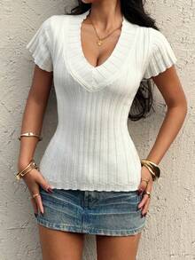 EgrlEra Casual & Sweet Apricot Short Sleeve Fitted V-Neck Knit Sweater Top For Women, Summer Sexy White Top Cute White Top Deep V Neck Top White Vacation Top White Knit Top - Apricot - View 5