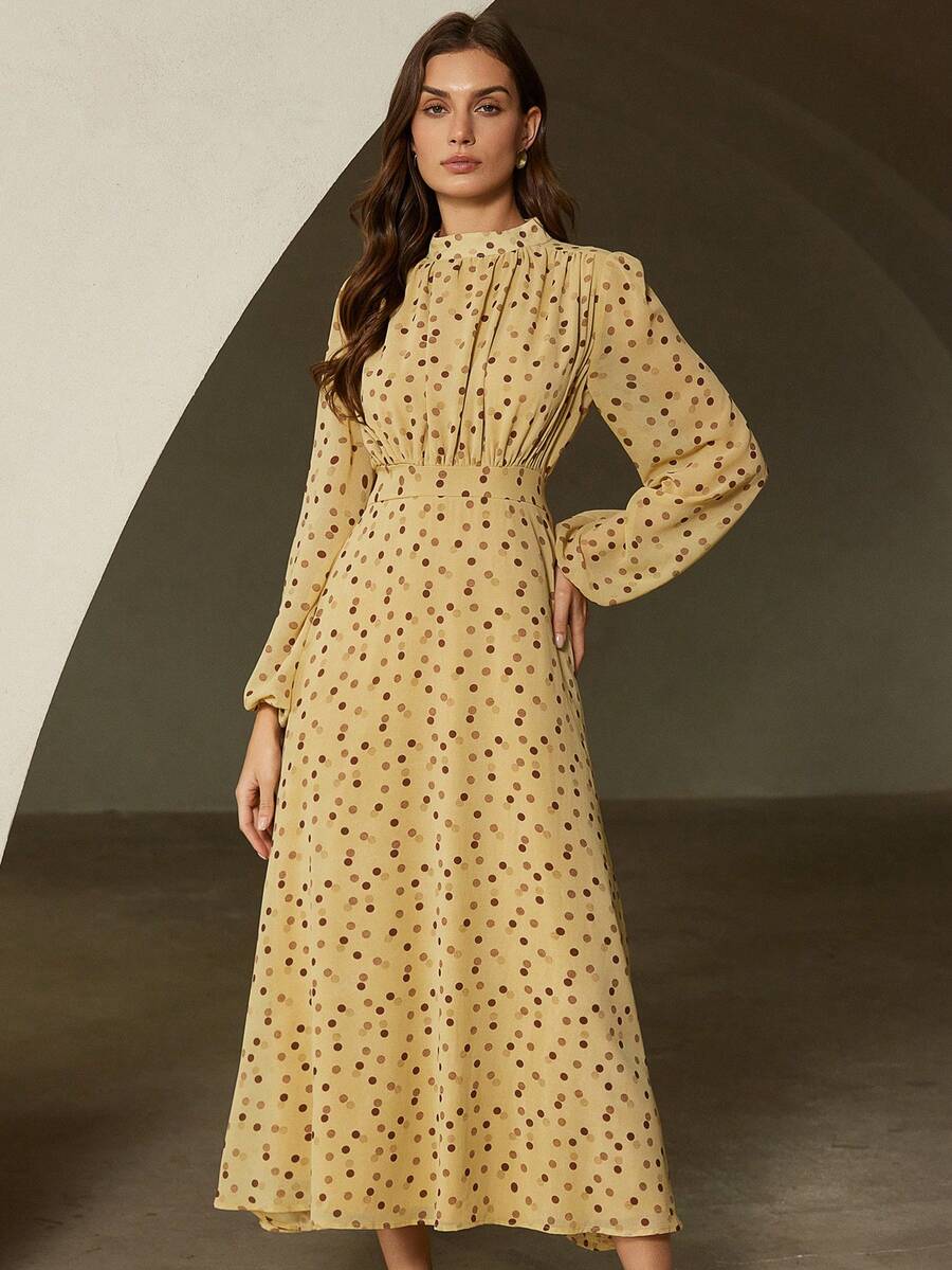 Revavyn Đầm midi dài eo thắt kiểu dáng châu Âu, họa tiết chấm bi màu nước thời trang, thích hợp cho mùa thu/đông. - Nhiều màu - Xem 1