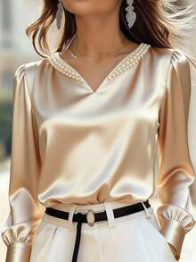 Rafferiza Solid Color Satin Satin V-Neck Pearl-Embellished Long-Sleeved Blouse For Women, Fashionable, Simple, And Elegant. Suitable For Spring, Summer, Holiday, And Valentine's Day. Also Suitable For Parties, Elegant Women's Tops, And Vacation Wear. Features Include Shimmering Details, Elegant Blouses, And Vacation Attire. - Khaki - View 5