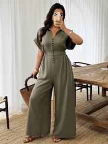 Weeklong Plus Size Women's Spring/Summer Shirt Collar Rivet Decor Elastic Waist Casual Jumpsuit For Vacation & Commute