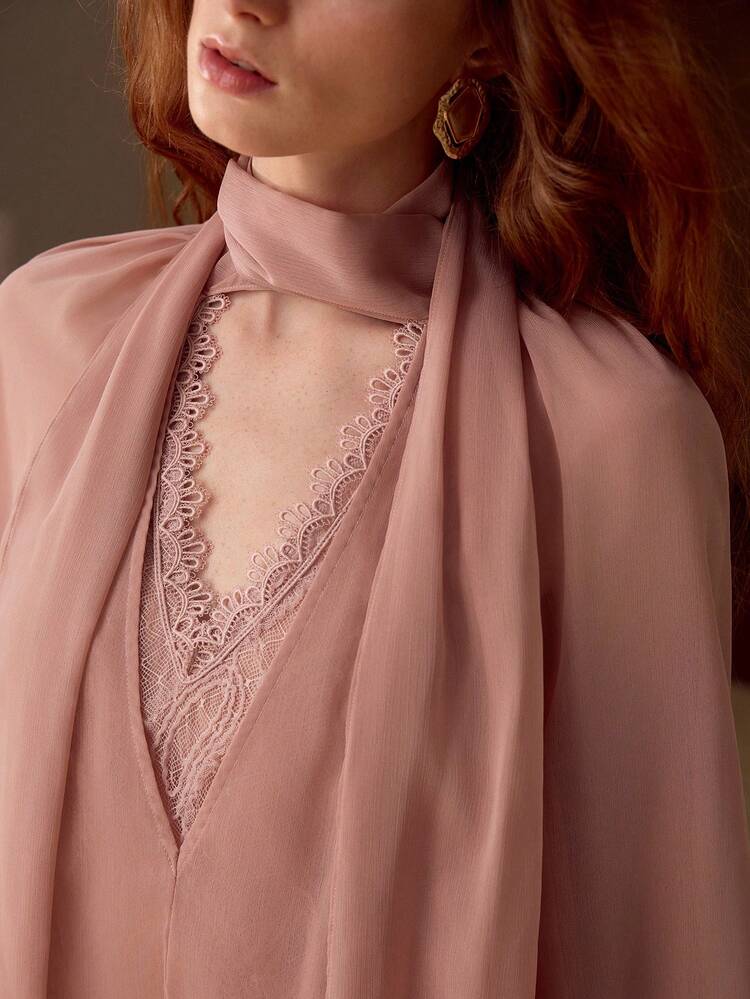 NEW CHIFFON LACE WAIST LANTERN SLEEVE V-NECK ELEGANT DRESS, SPRING/SUMMER