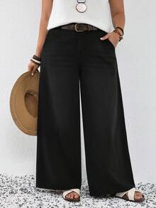 SHEIN Tall CURVE 高个加大码春夏度假休闲女式牛仔裤，后腰松紧带设计，宽松版型，带口袋，阔腿舒适休闲牛仔裤