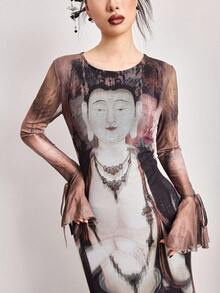 ROMWE Avant Vintage Neo-Chinese Style Buddha Print Fitted Dress - Multicolor - View 2