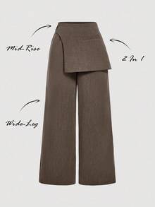 SHEIN MOD Pantalones formales con superposición de color gris oscuro para mujer de talla grande, adecuados para la temporada de regreso a la escuela, ropa de trabajo en otoño/invierno - Marrón - Ver 7