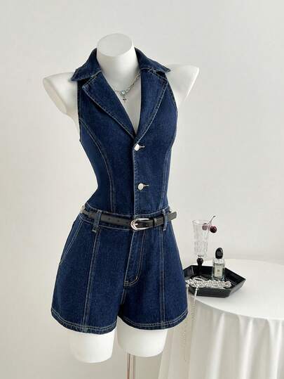 Elamini Fashionable Casual V-Neck Sleeveless Denim Romper