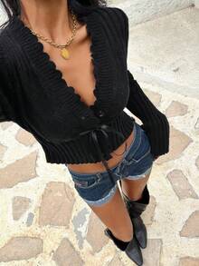 EgrlEra Ruffle Lace-Up Knit Cardigan, Spring Cropped Sweater