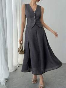 DAZY Women's Elegant Commuter Solid Color Vest & Skirt 2 Pieces Set, Summer - Black - View 4