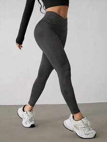 SHEIN PETITE Women's Solid Color V-Waist Slim Fit Casual Pants - Dark Grey - View 4