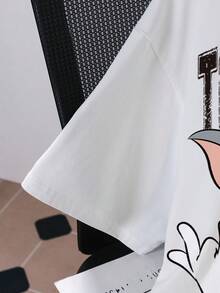 TOM & JERRY X SHEIN 男士休闲日常通勤时尚街头可爱卡通字母印花宽松T恤，夏季 - 白色 - 查看 4