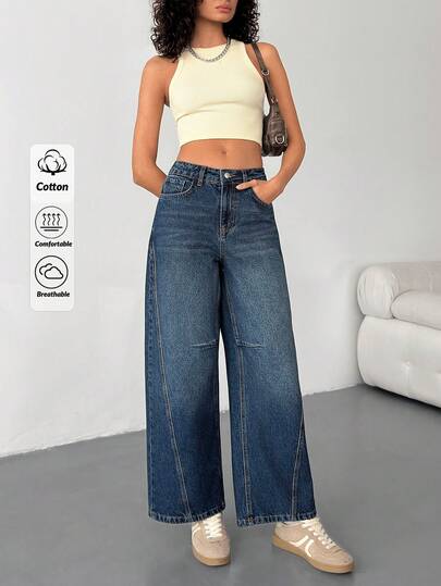 SHEIN Gerade geschnittene Jeans mit mittlerer Taille, schrägen Taschen und Waschung