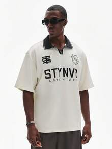 STYNVO 男士字母印花休闲百搭短袖Polo衫，夏季 - 米色 - 查看 3