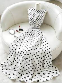 Franclia Women's Spring/Summer V-Neck Sleeveless Black And White Polka Dot Long Elegant Pleated Waist Dress | Black And White Dress | Black Dress | White Dress | Polka Dot Dress | Elegant Dress | Sleeveless Dress | V-Neck Dress | Summer Vacation Dress | Valentine's Day Dress | Elegant Party Dress | Women's Beach Dress | Women's Wedding Guest Dress | Women's Casual Dress | Women's Casual Skirt - Black and White - View 2