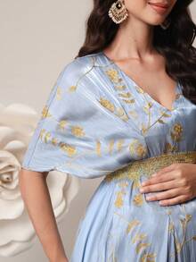 SHEIN Elegant Party Embroidered Maternity Dress With Cape - Blue - View 7
