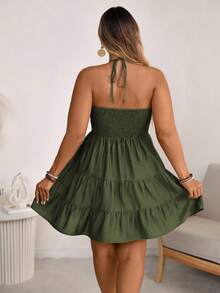 Ceyna 大码女式春夏单竹结亚麻度假沙滩连衣裙，胸部褶皱层叠飘逸连衣裙，配有可调节挂脖蝴蝶结后背。 - 軍綠色 - 查看 2