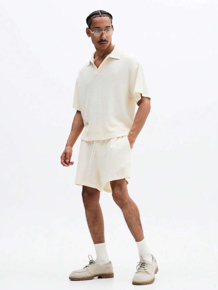 Cream Knit Polo And Shorts Set