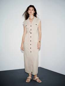 Lumivelle Women's New Short Sleeve Shirt Collar Button Front Belted Dress, Elegant Casual Fashion, Spring/Summer - Apricot - View 3