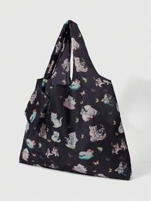 ROMWE Kawaii Bolso de tote plegable de gran capacidad con estampado de corazones y notas musicales de moda, bolso de compras portátil con monedero - Gato líder - View 5