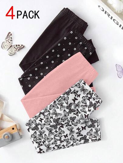 Genkimix Kids 4pcs Girls Butterfly & Floral Print Leggings Set, Minimalist Design, Girls Toddler Leggings - 4-Pack Set Black White Pink Versatile Color System Long Pants Leggings - Classic Casual Versatile Girls Toddler Pants