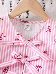 2件套少女编织条纹蝴蝶结装饰休闲吊带背心和短裤套装 - 粉色 - 查看 5