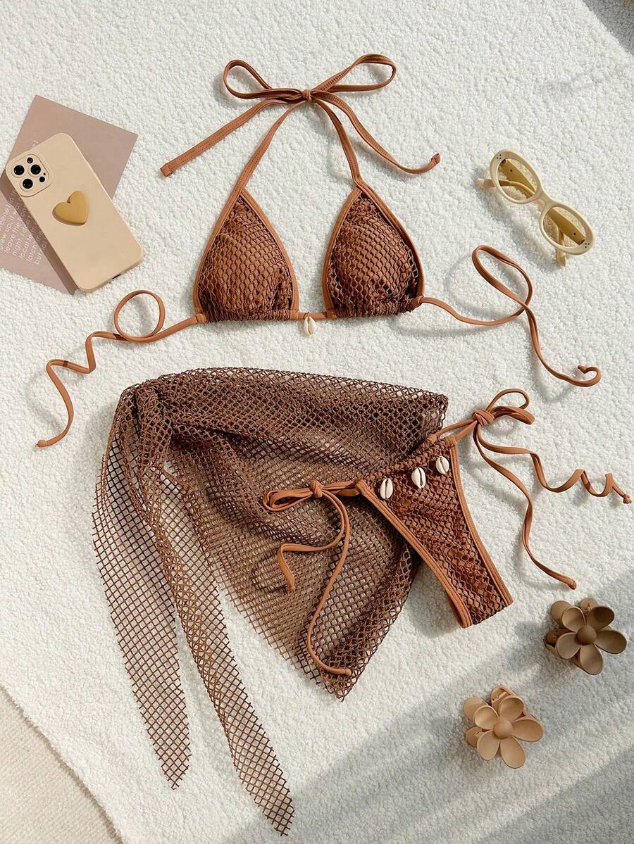 Swim Mod Summer Beach Triangle Bikini Halter Top Bra & Shell Decor Swim Bottom Bikini Set And Beach Cover Up Skirt Bathing Suit