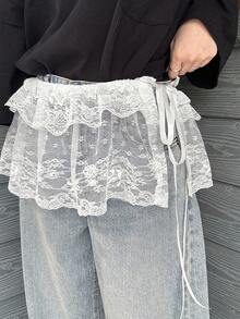 FRIFUL Chân váy mini dáng rộng, màu trơn, thắt eo, chất liệu ren xuyên thấu, xếp lớp, thích hợp cho mùa xuân. - trắng - Xem 2