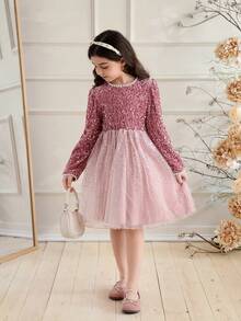 Girls' Sequin & Pearl Decor Tulle Dress With Large Collar, Elegant For Parties, Gatherings, Birthdays, Spring/Summer - Pink - View 4