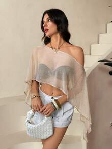 SHEIN Tall 女士宽松不对称下摆亮片透视露肩派对上衣，性感上衣，秋冬季感恩节和新年装扮 - 金色 - 查看 1