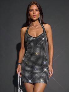 SHEIN BAE 秋季纯色卡其色水钻水晶闪亮颈圈紧身迷你连衣裙，优雅性感，适合派对、夜店、鸡尾酒会、宴会、夜间外出、舞会等场合。 - 黑色 - 查看 5