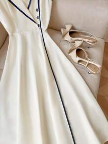 GlowEve Women's Elegant Commuter Minimalist Elegant Contrast Trim Button Collar Sleeveless Fitted Dress, Summer - Apricot - View 4