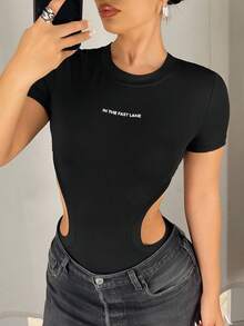 SHEIN PETITE CURVE 大码女士性感极简标语印花镂空腰部修身连体衣，适合日常通勤和夏季穿着 - 黑色 - 查看 7