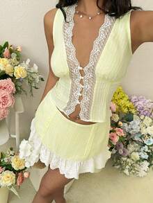 SHEIN Raffinéa 女士夏季度假撞色蕾丝吊带背心和荷叶边半裙两件套 - 黃色 - 查看 4