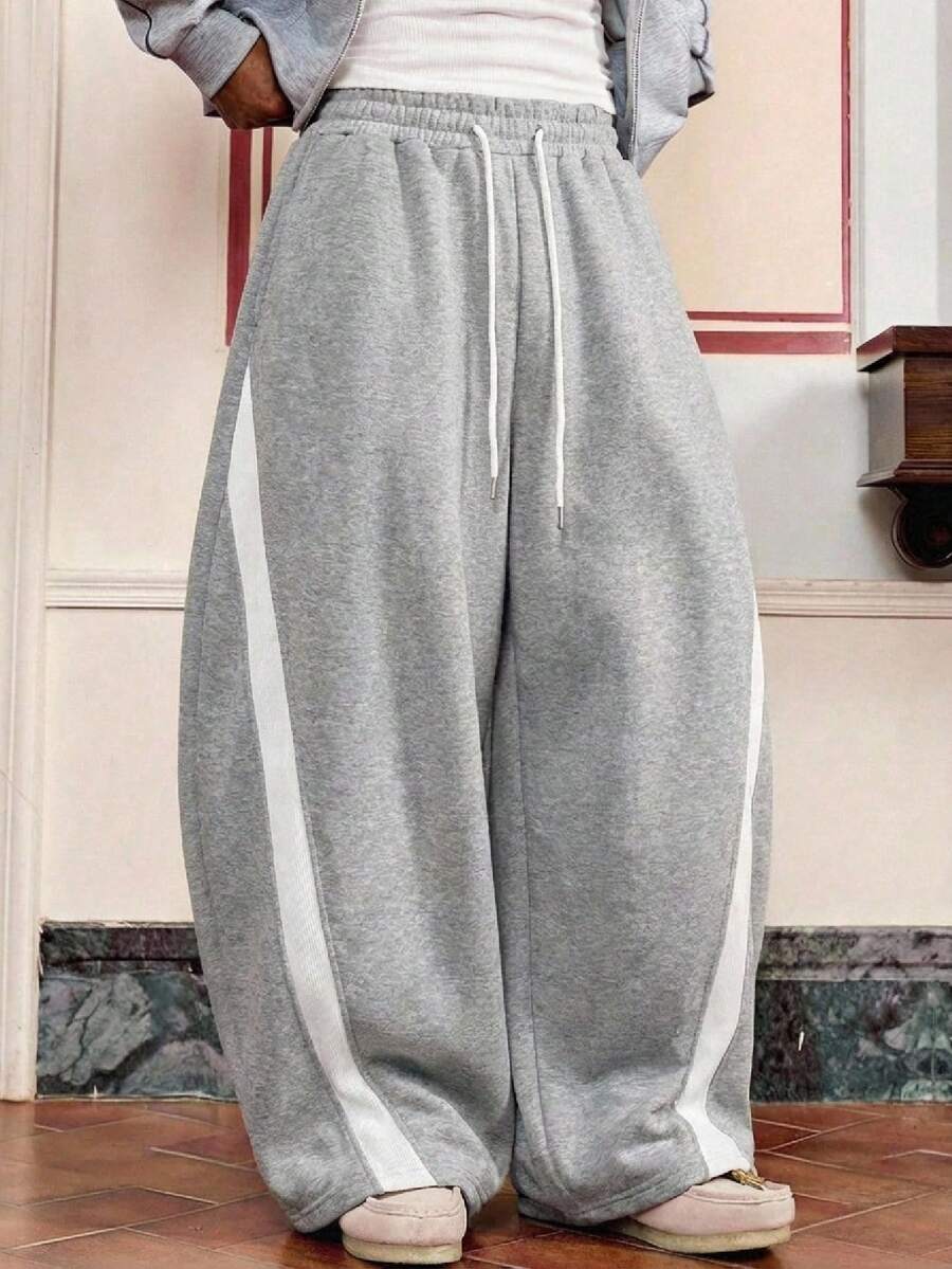 SWAVVY Men's Casual Loose Sweatpants, Light Gray Patchwork Ribbed Plain Men Grey Flared Sweatpants Men Loose Pants Men Grey Baggy Sweatpants Men Grey Wide Leg Sweatpants Mens Wide Leg Side Stripe Gym Pants - Light Grey - View 1