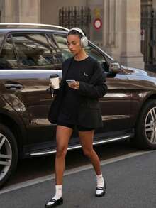 Menodora SHEIN Sport 休闲宽松短袖T恤，圆领落肩设计，夏季款 - 黑色 - 查看 1