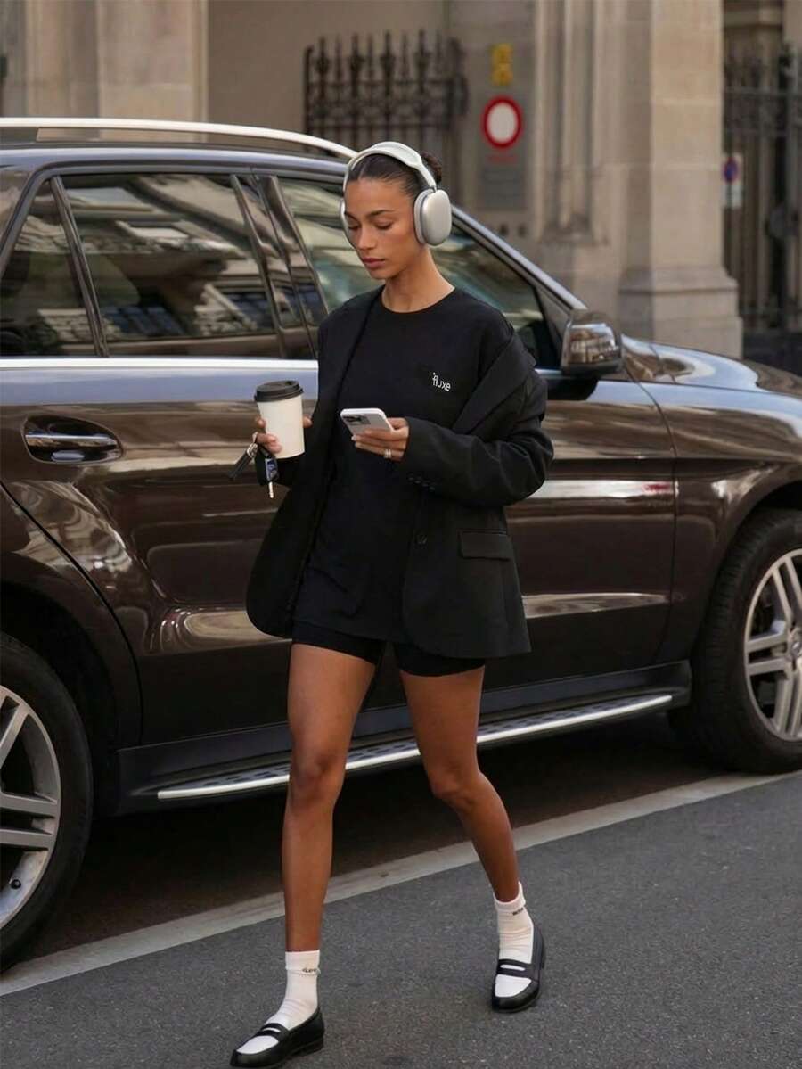 Menodora SHEIN Sport 休闲宽松短袖T恤，圆领落肩设计，夏季款 - 黑色 - 查看 1