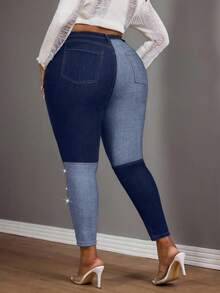 Slaydiva سراويل جينز نسائية سكيني مخصصة بتصميم فني مبتكر مزينة باللؤلؤ، لون أسود، مقاسات كبيرة، مناسبة للنساء في موسم الخريف وحفلات الرعاة - أزرق داكن - مشاهدة 2