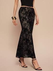 Olia Maree Olia Maree Elegant Black Lace Mermaid Skirt With Random Print And Zipper Details Long Length Summer Summer Outfit Summer Clothing Women's Summer Outfits Vacation Holiday Summer Holiday Outfits Women's Vacation Outfits Women's Office Attire Women's Office Attire Black Skirt Elegant Women's Skirt - Black - View 3