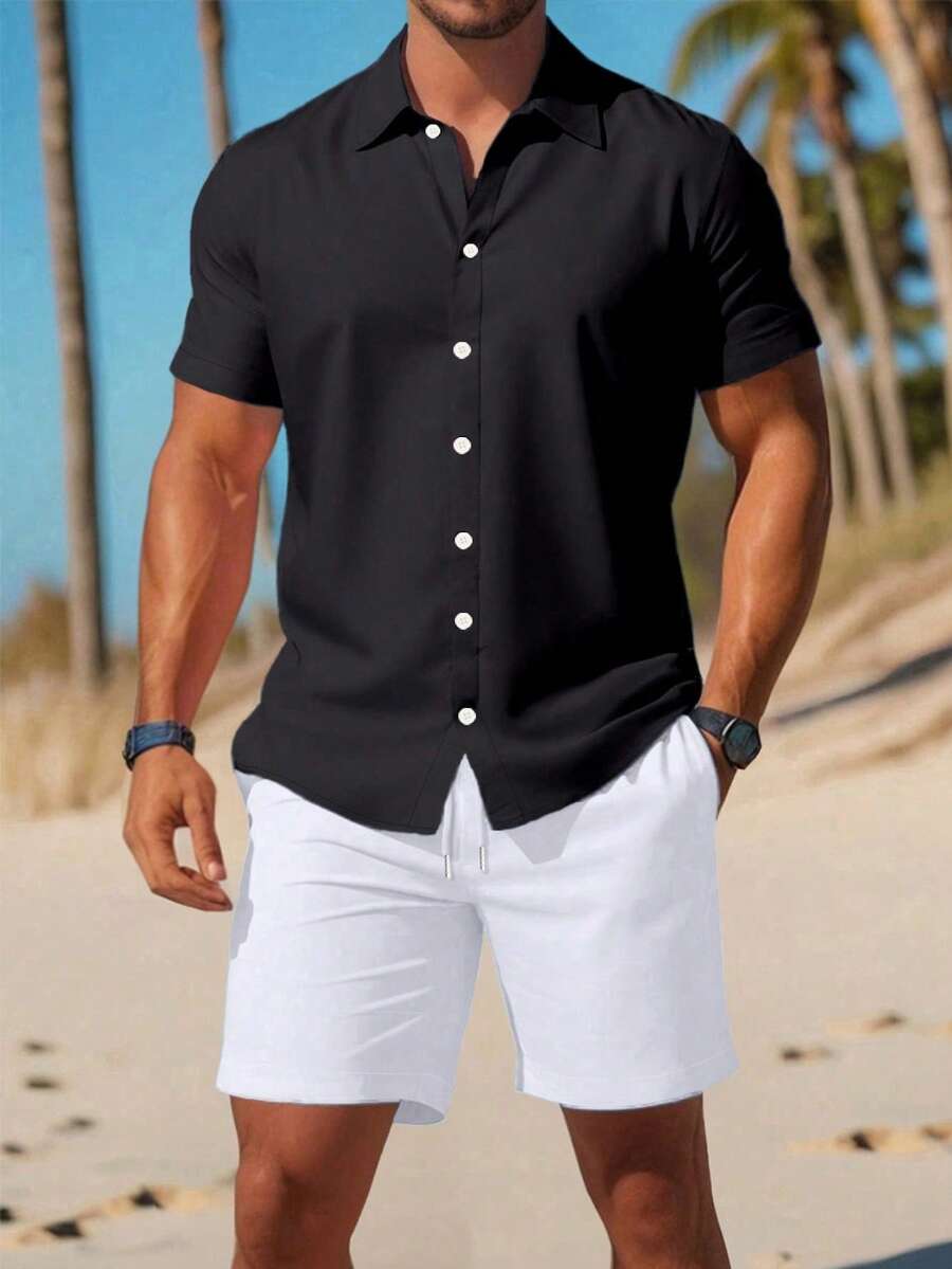 2pcs Men's Solid Color Short Sleeve Shirt Collar Button Front Shirt & Shorts Casual Set - Black and White - View 1
