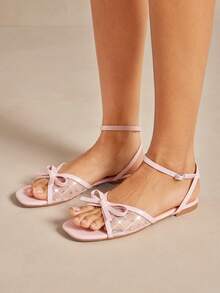 SHUZIA Women's Fashion Comfortable Bow Tie Mesh Flat Sandals - Beige - View 2