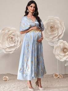 SHEIN Elegant Party Embroidered Maternity Dress With Cape - Blue - View 5