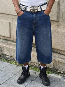 Manfinity EMRG 男士刺绣口袋休闲宽松牛仔短裤 - 淺色水洗藍 - 查看 2