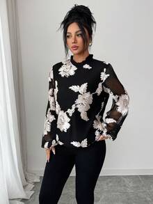 SHEIN Raffinéa Elegant Commuter Floral Embroidery Mesh Patchwork Blouse - Black - View 4