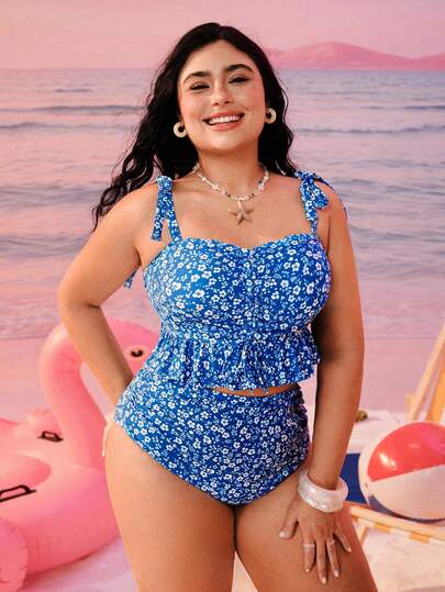 Swim Mod Plus Size Ditsy Floral Swimsuit Set, Ruffled Hem, Front Drawstring Pants, Side Ruched, Suitable For Vacation, Beach, Pool