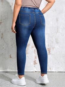 EMERY ROSE Plus Size Elastic Waist Multi-Pocket Jeans, Casual Daily Wear Elegant - Dark Wash - View 2