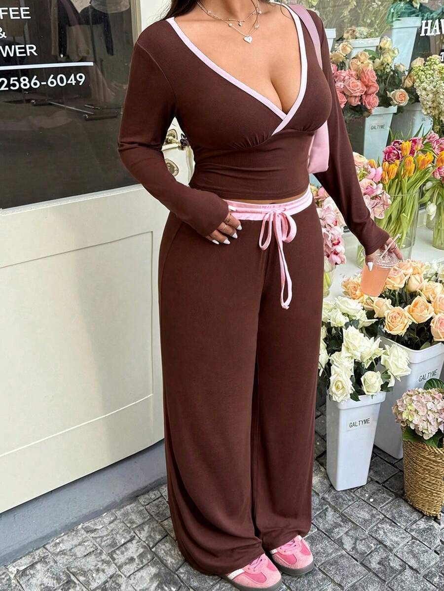 GalTyme 大码撞色性感长袖上衣和裤子两件套 - 咖啡棕 - 查看 1