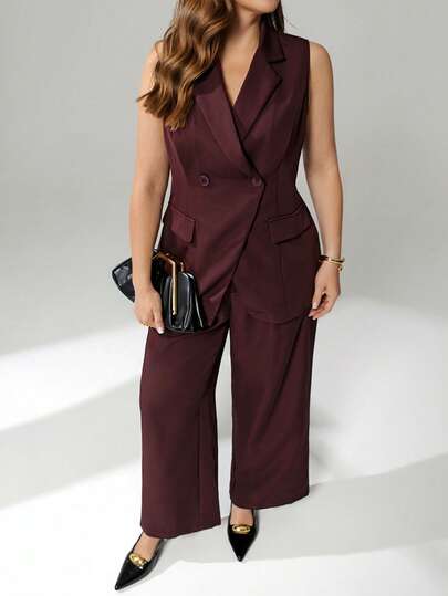 Auralis Plus-Size Women's Spring/Summer Fashionable Elegant Comfortable Everyday Burgundy Vest Blazer And Wide-Leg Trouser Suit,Old Money Style,Office Wear,Spring Outfits,Business And Leisure Spring Outfit Women Spring Suit Set For Women
