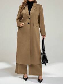 Auralis Plus Size Casual Commuter Jacket And Pants Suit - Camel - View 5