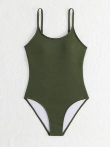 SHEIN 少女纯色纹理面料性感时尚连体泳衣 - 軍綠色 - 查看 4